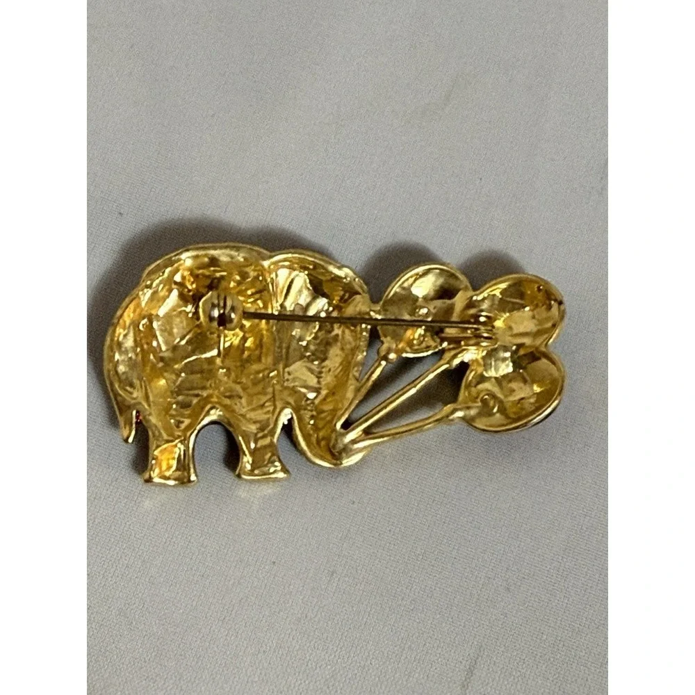Vintage Elephant Brooch, Enameled With Gold Tone Trim And Rhinestones,